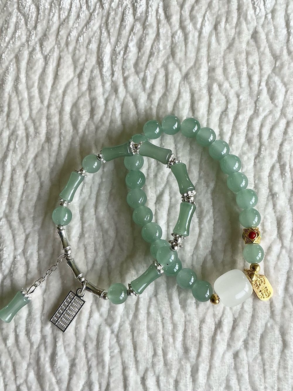 Aqua Beaded Stretch Bracelets with Gold accents - Cute Charms (Pair)